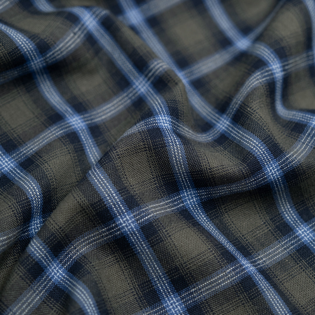Retro Plaid Cotton Shirting - Shale/Pacific | Blackbird Fabrics