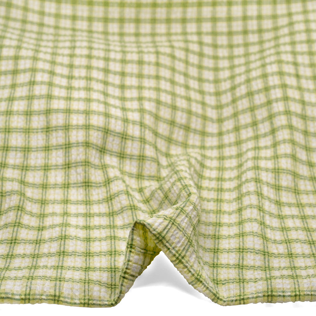 Plaid Hemp Lyocell Blend Seersucker - Sour Apple/White | Blackbird Fabrics