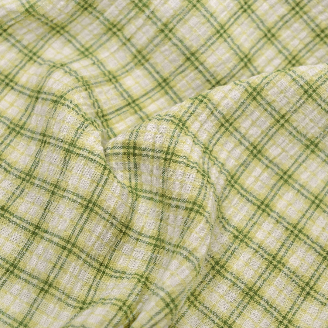 Plaid Hemp Lyocell Blend Seersucker - Sour Apple/White | Blackbird Fabrics