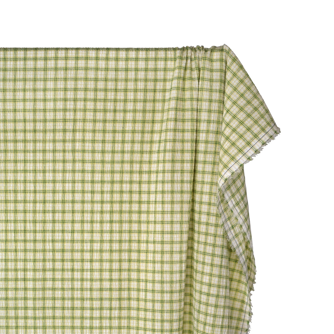 Plaid Hemp Lyocell Blend Seersucker - Sour Apple/White | Blackbird Fabrics