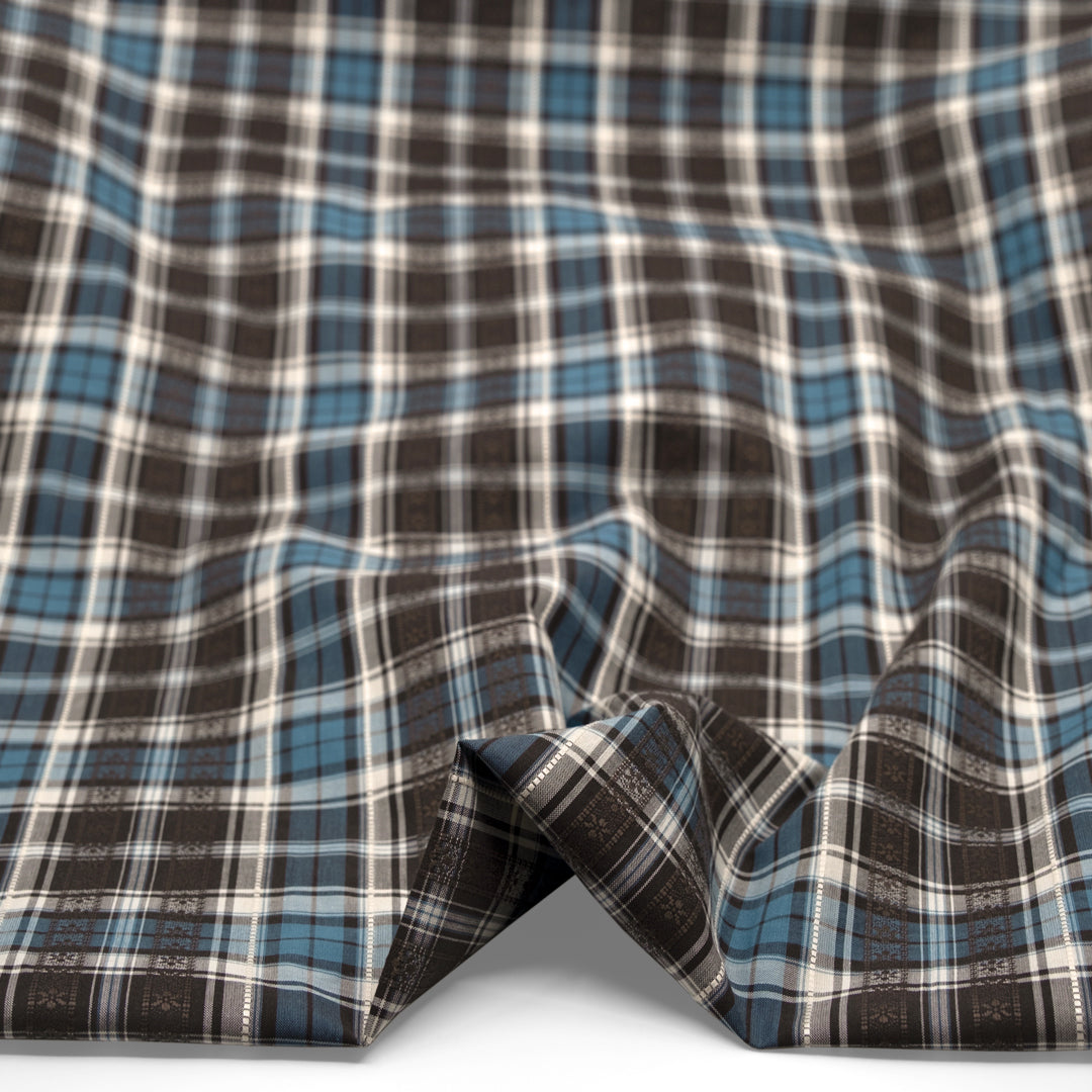 Alpine Plaid Embroidered Cotton Shirting - Fudge/Teal | Blackbird Fabrics