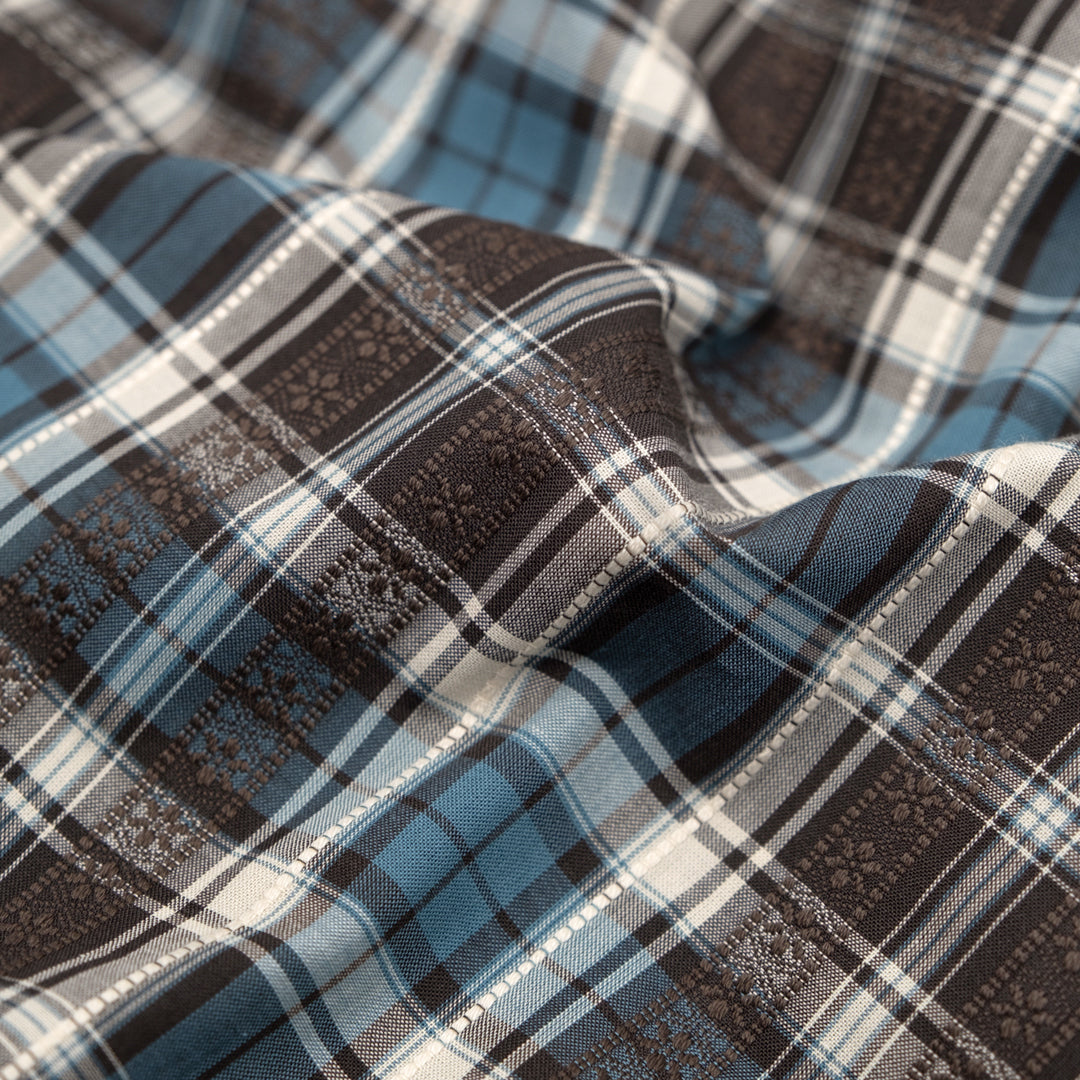 Alpine Plaid Embroidered Cotton Shirting - Fudge/Teal | Blackbird Fabrics