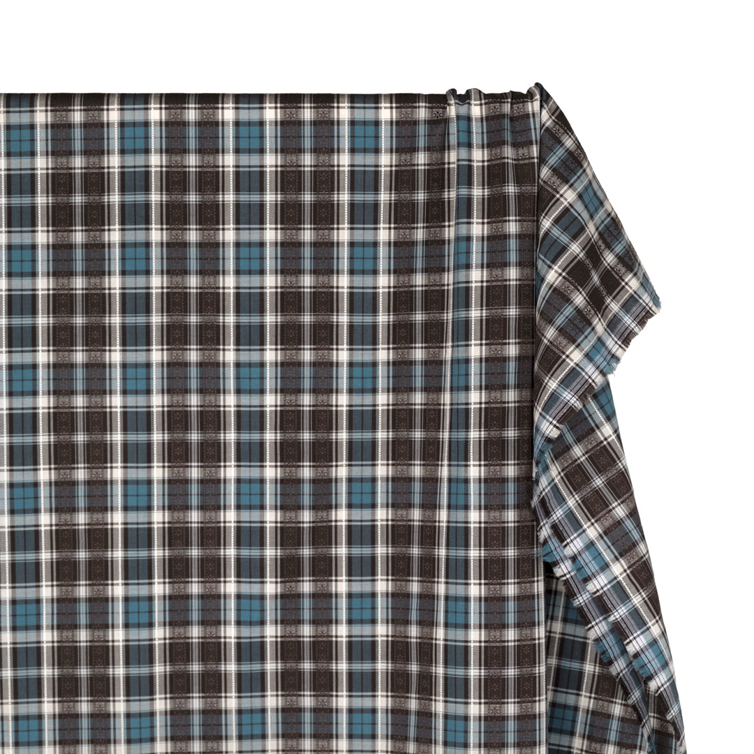 Alpine Plaid Embroidered Cotton Shirting - Fudge/Teal | Blackbird Fabrics