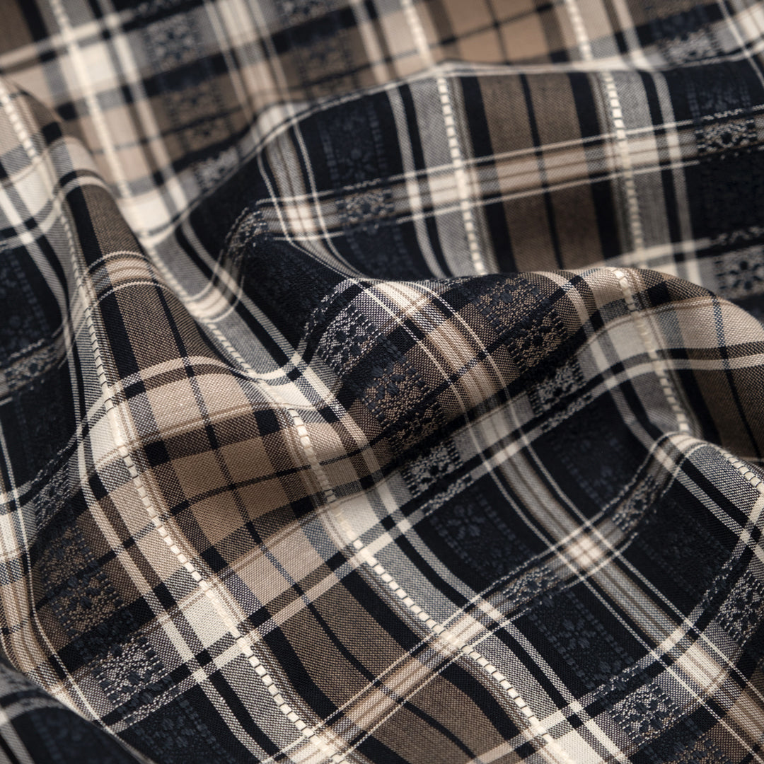 Alpine Plaid Embroidered Cotton Shirting - Black/Crimini | Blackbird Fabrics