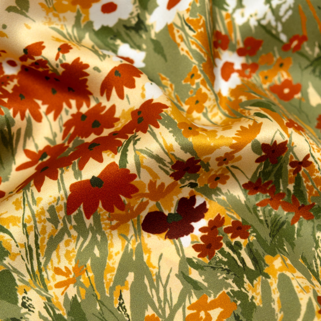 Deadstock Enchanted Meadow Silk Charmeuse - Buttercup/Grass/Red Clay | Blackbird Fabrics