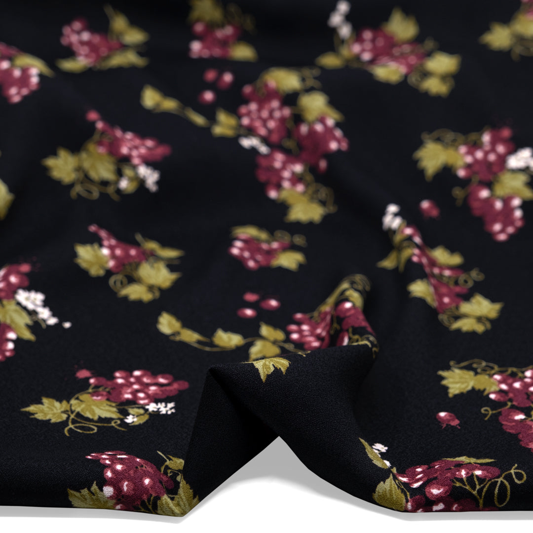 Deadstock Through The Grapevine Viscose Crepe - Black/Sangria | Blackbird Fabrics