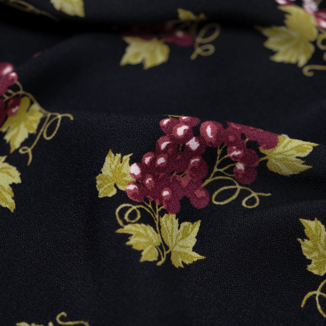 Deadstock Through The Grapevine Viscose Crepe - Black/Sangria | Blackbird Fabrics