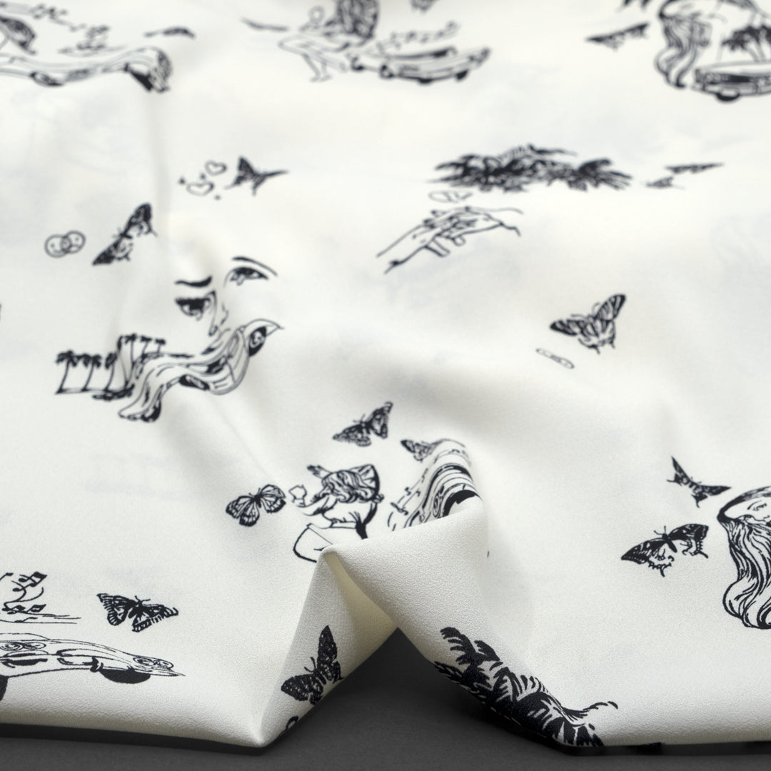 Deadstock Daydreamer Viscose Crepe - Ivory/Black | Blackbird Fabrics