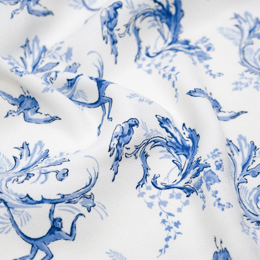 Deadstock Porcelain Jungle Viscose Crepe - Ivory/Cornflower | Blackbird Fabrics