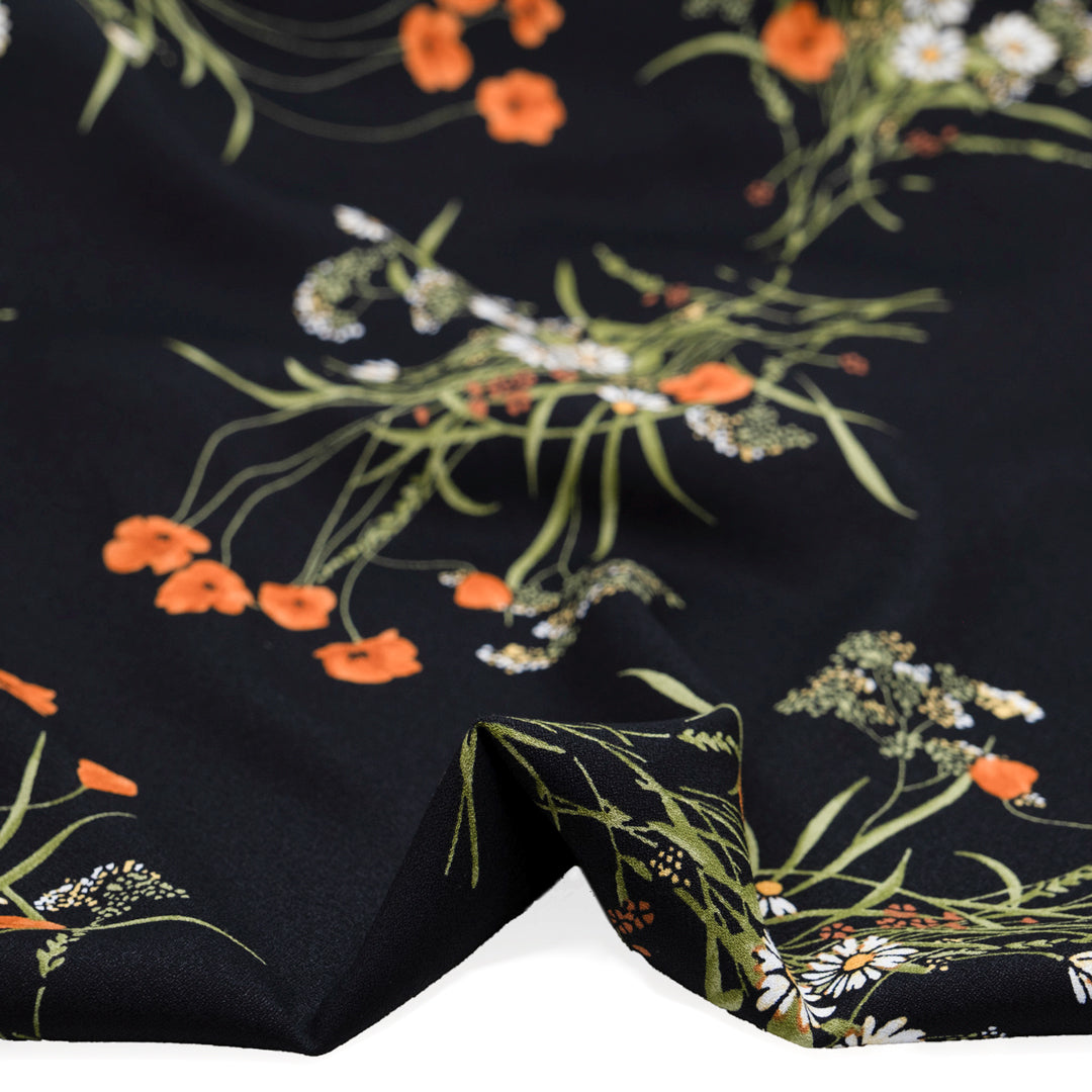 Deadstock Bouquet Ballad Viscose Crepe - Black/Yam | Blackbird Fabrics