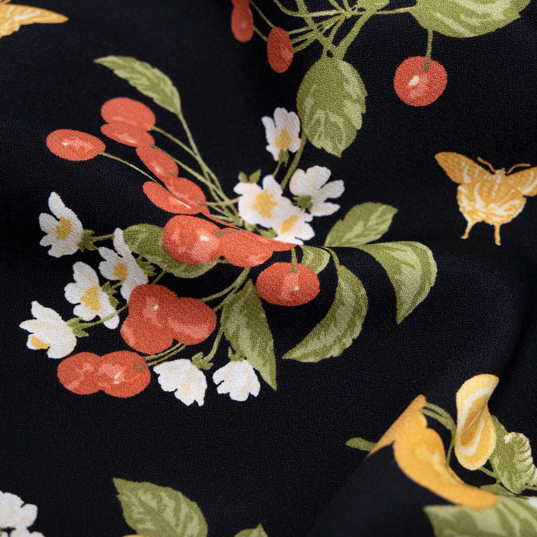 Deadstock Fruit Medley Viscose Crepe - Black/Multi | Blackbird Fabrics