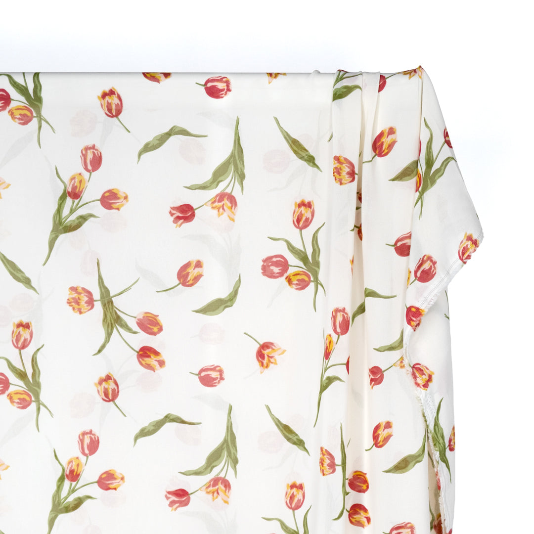 Deadstock Champ De Tulipes Viscose Georgette - Ivory/Cherry Pink | Blackbird Fabrics