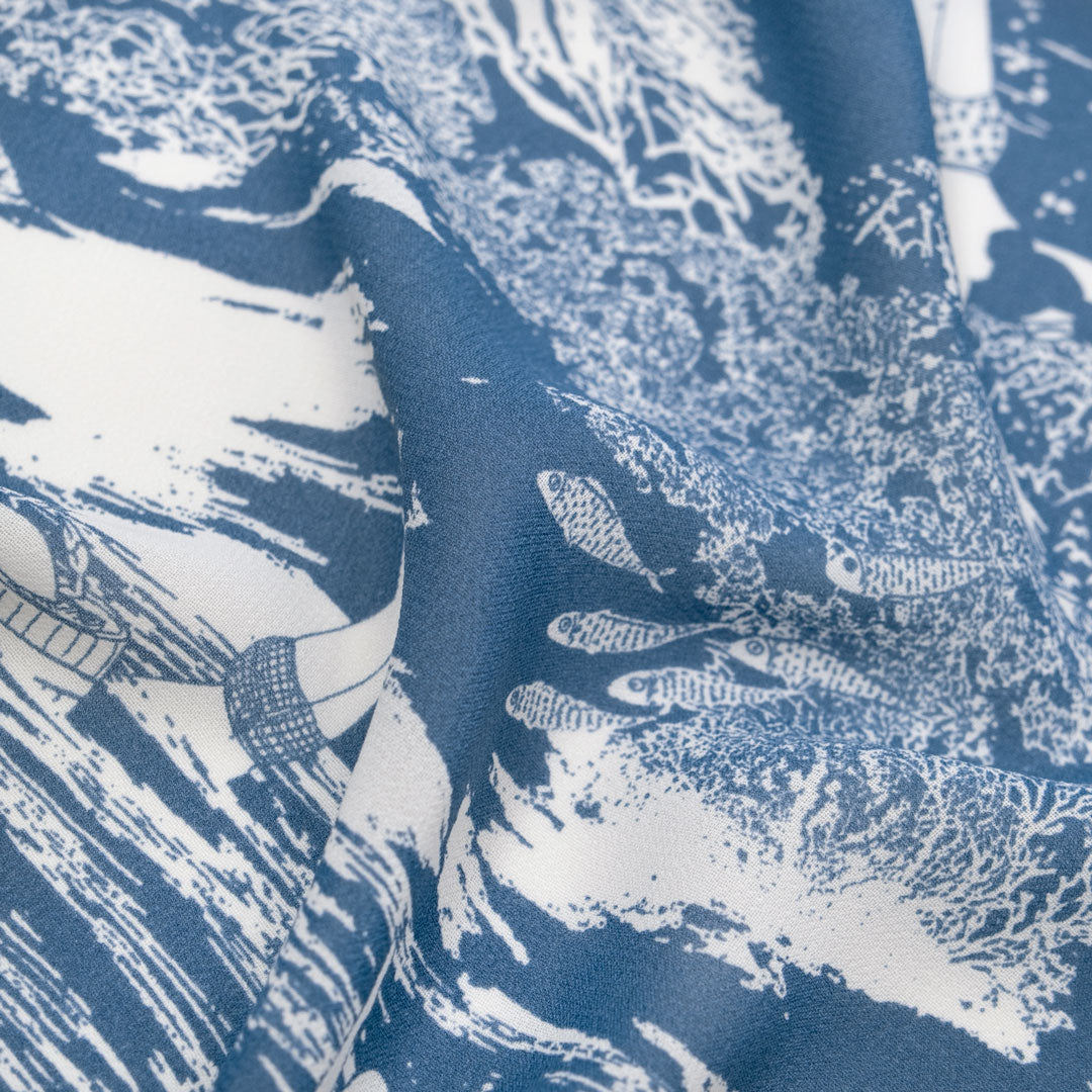 Deadstock Deep Dive Viscose Georgette - Blue Pool/White | Blackbird Fabrics
