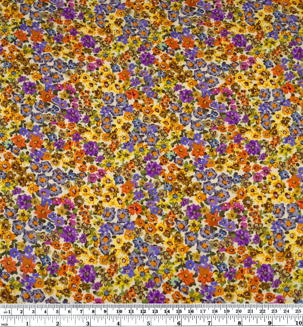 Deadstock Floral Sprinkle Viscose Sateen - Ivory/Yellow/Purple | Blackbird Fabrics