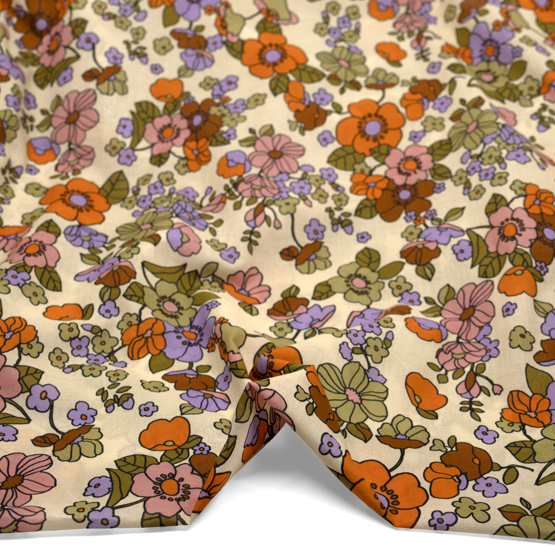 Jumbo Blooms Printed Cotton Voile - Cashew/Teak/Lavender | Blackbird Fabrics