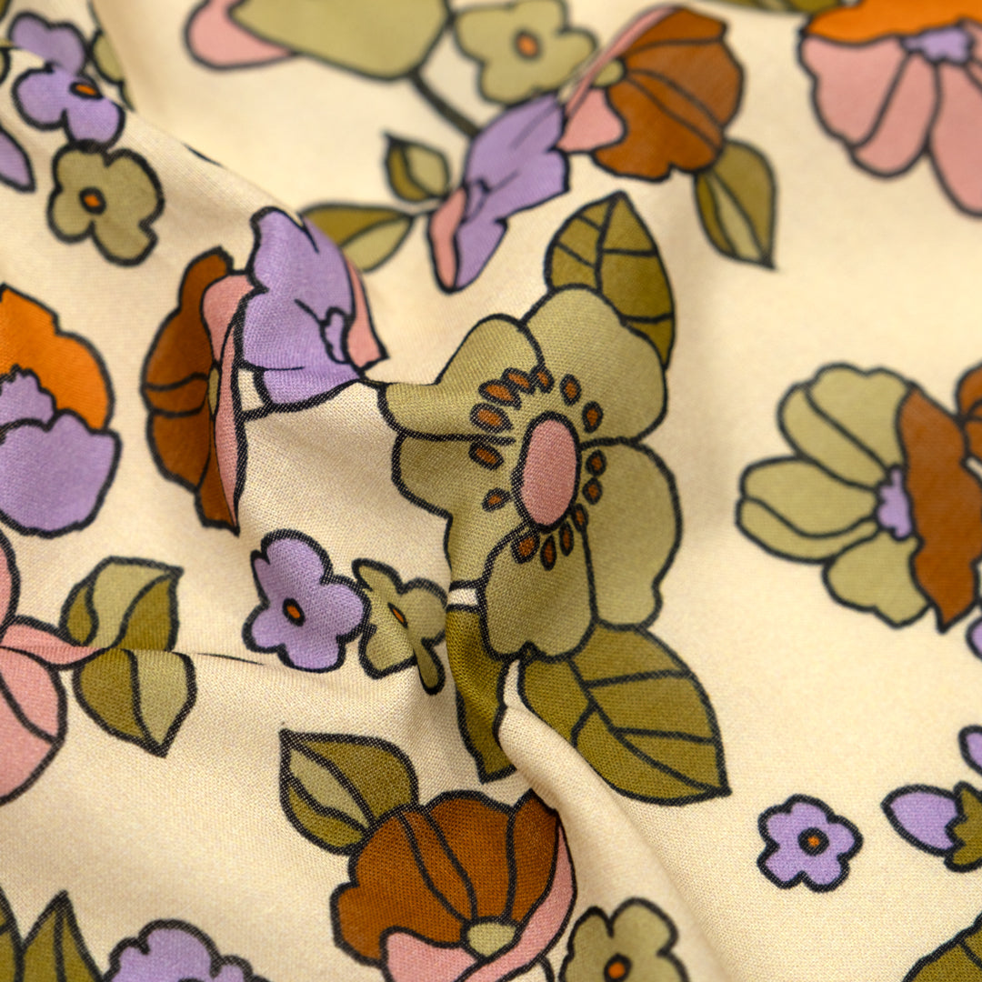 Jumbo Blooms Printed Cotton Voile - Cashew/Teak/Lavender | Blackbird Fabrics