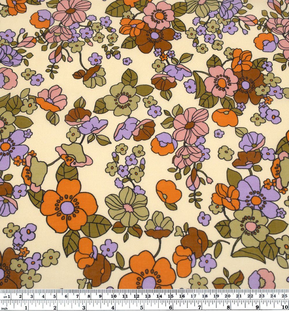 Jumbo Blooms Printed Cotton Voile - Cashew/Teak/Lavender | Blackbird Fabrics