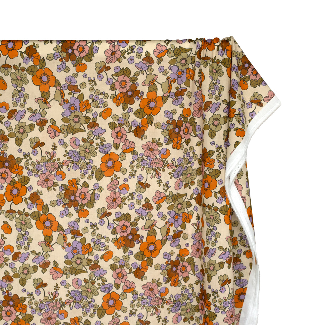Jumbo Blooms Printed Cotton Voile - Cashew/Teak/Lavender | Blackbird Fabrics