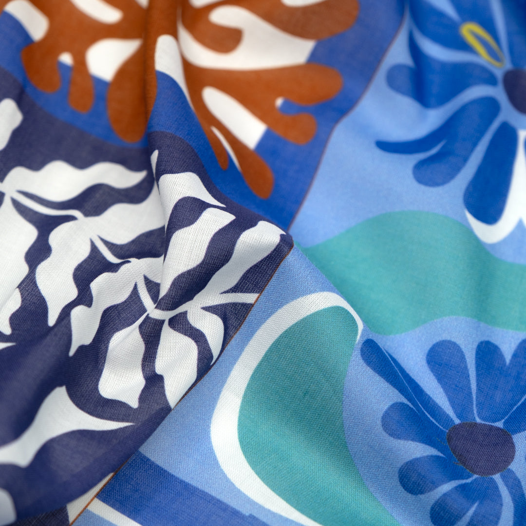 Flower Market Printed Cotton Voile - Navy/Turquoise/Carrot | Blackbird Fabrics