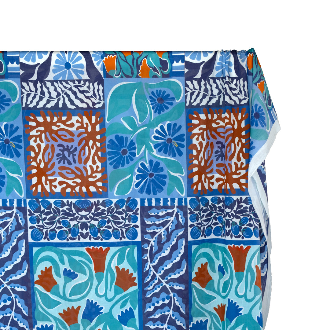 Flower Market Printed Cotton Voile - Navy/Turquoise/Carrot | Blackbird Fabrics
