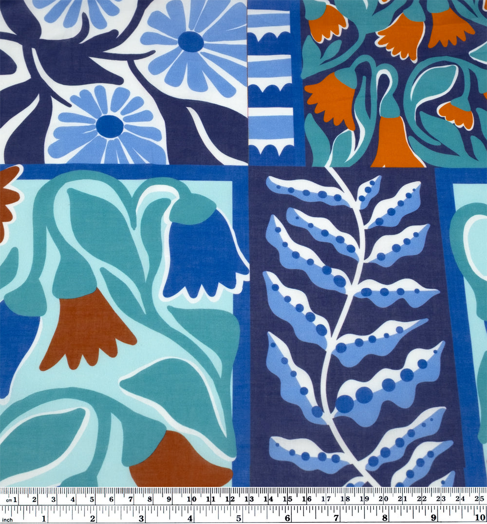 Flower Market Printed Cotton Voile - Navy/Turquoise/Carrot | Blackbird Fabrics