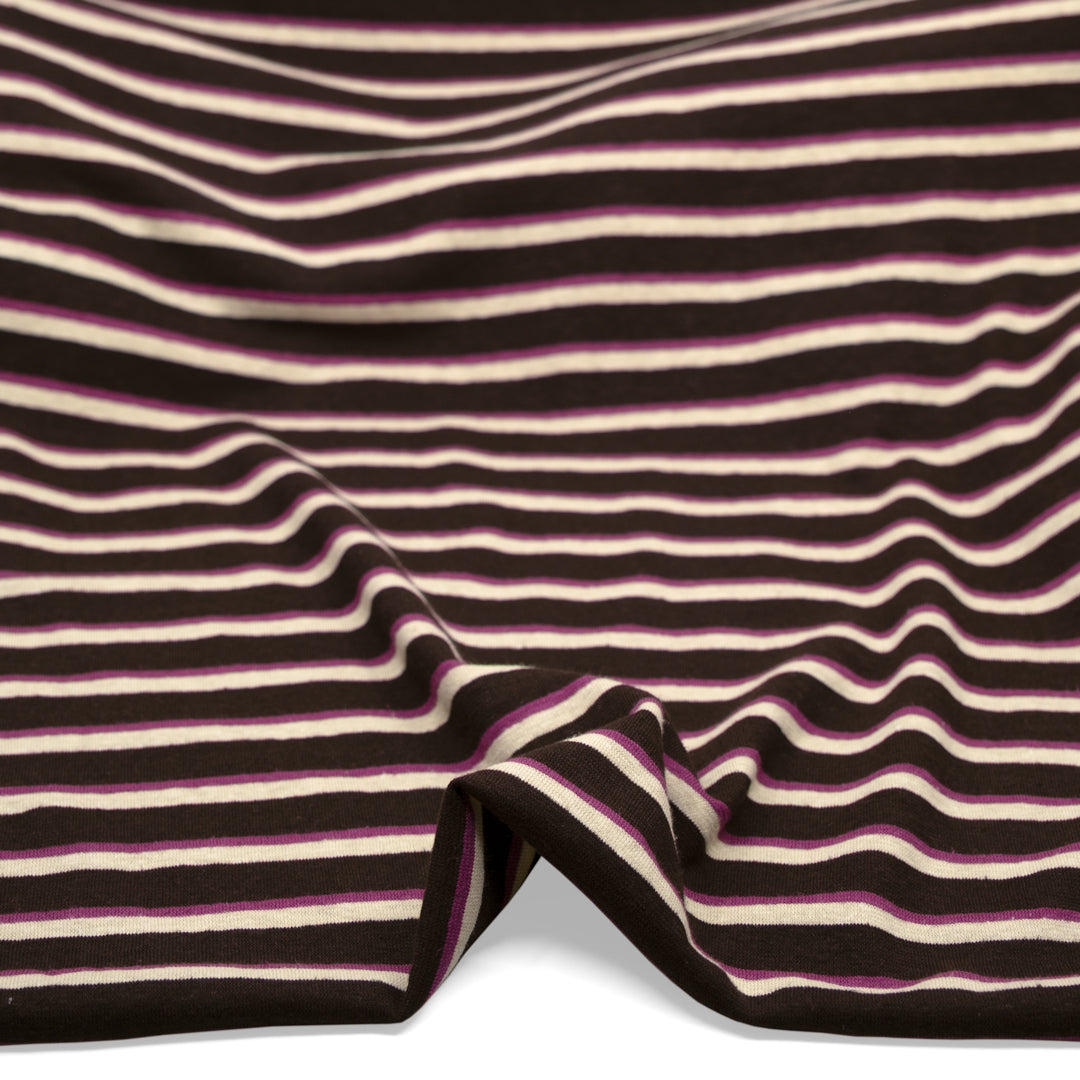 Retro Stripe Hemp Organic Cotton Jersey - Fudge/Amaranth/Ivory | Blackbird Fabrics
