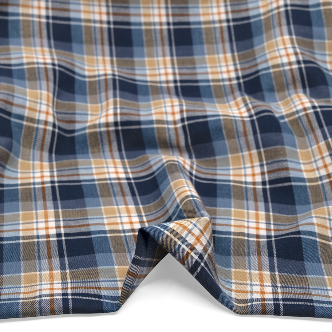 Deadstock Plaid Lightweight Cotton Linen Twill - Navy | Blackbird Fabrics