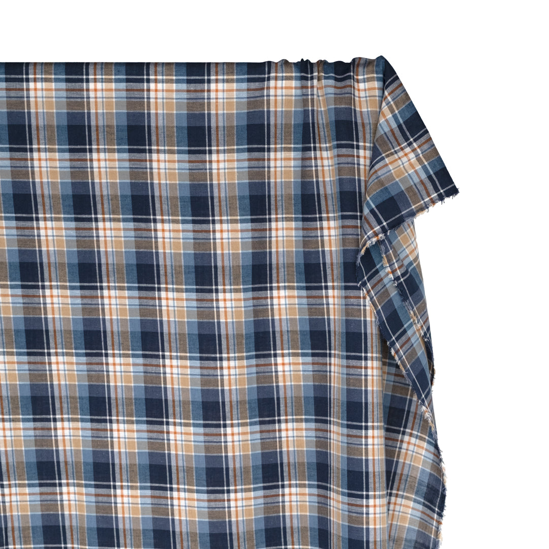 Deadstock Plaid Lightweight Cotton Linen Twill - Navy | Blackbird Fabrics