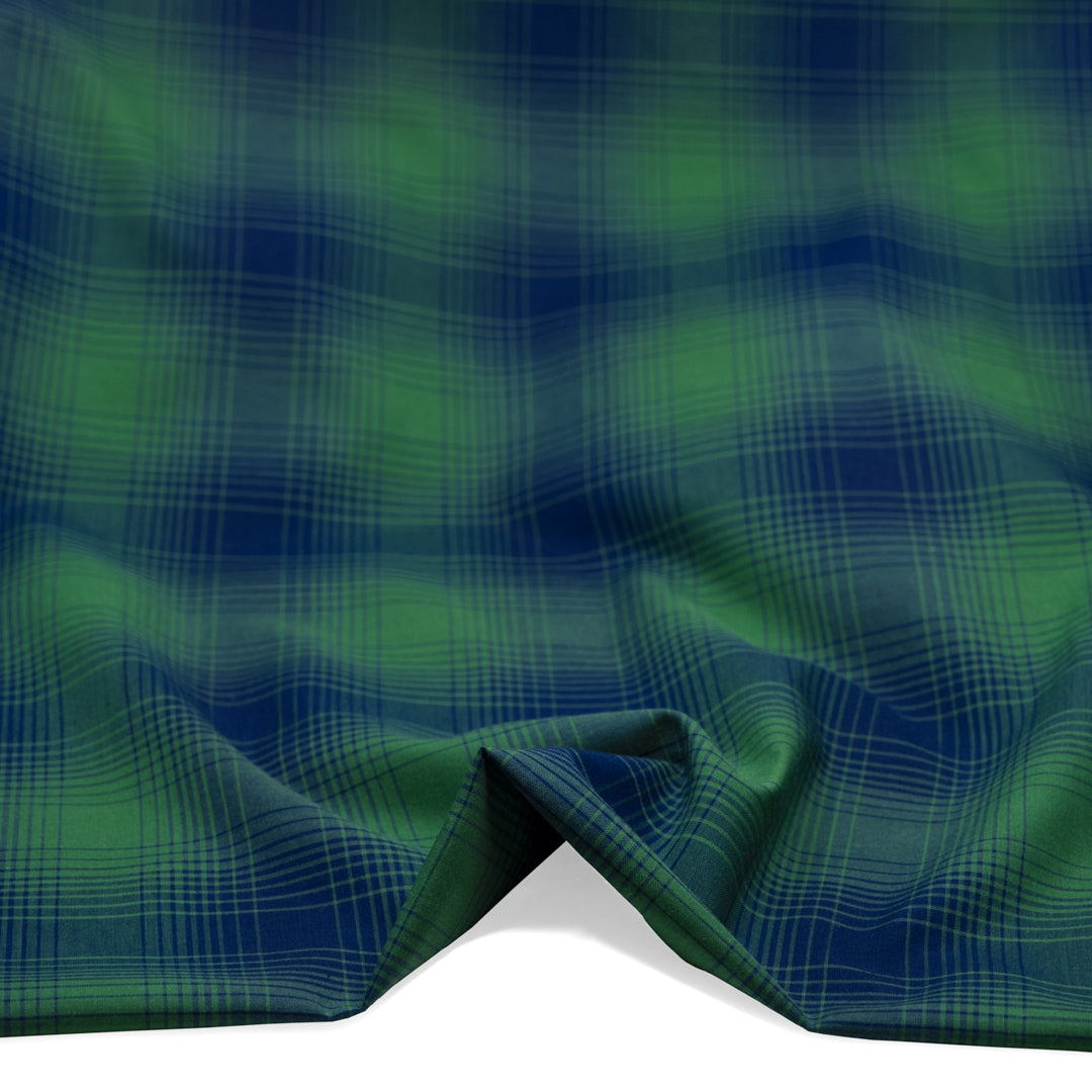 Deadstock Gradient Plaid Cotton Modal Shirting - Navy/Emerald | Blackbird Fabrics