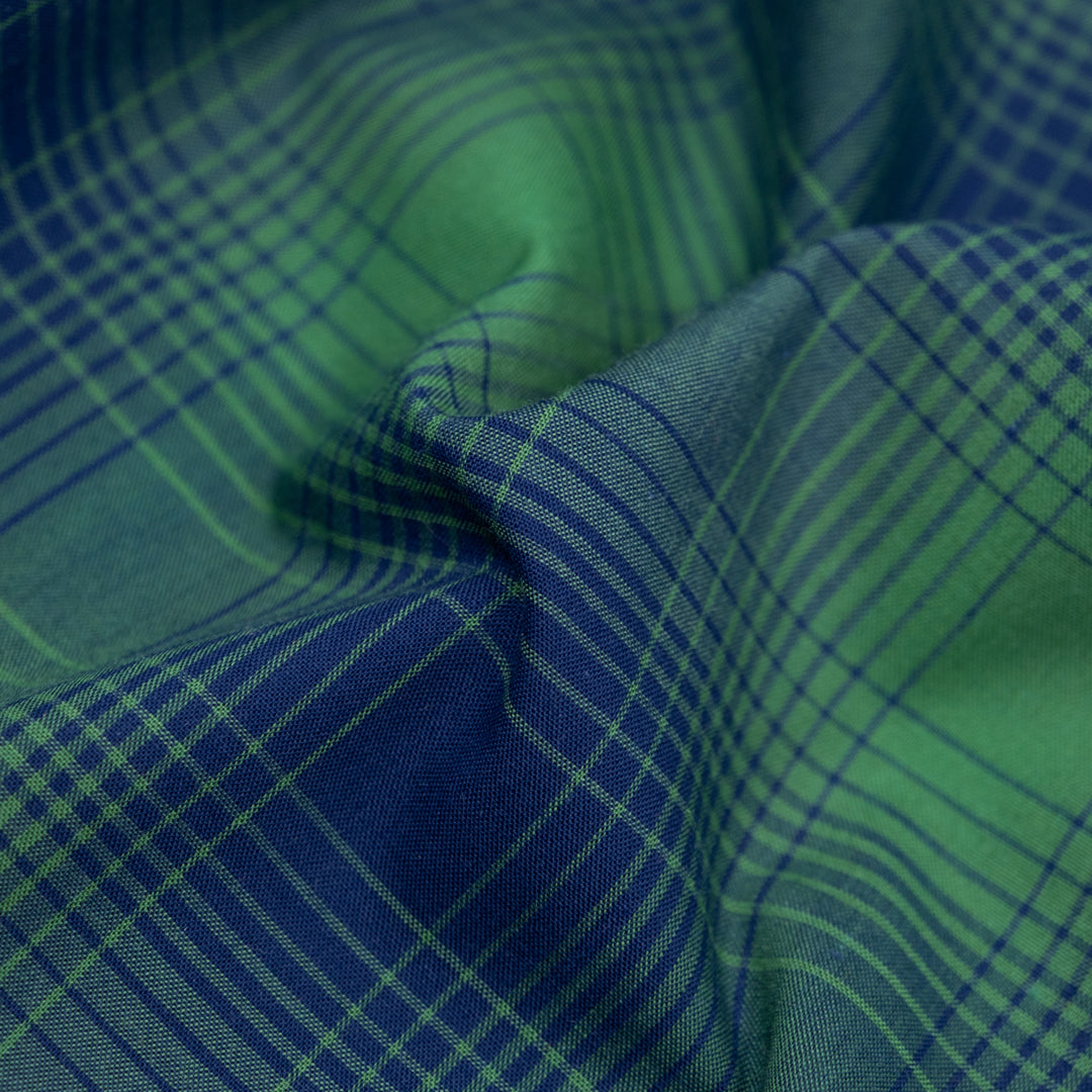 Deadstock Gradient Plaid Cotton Modal Shirting - Navy/Emerald | Blackbird Fabrics