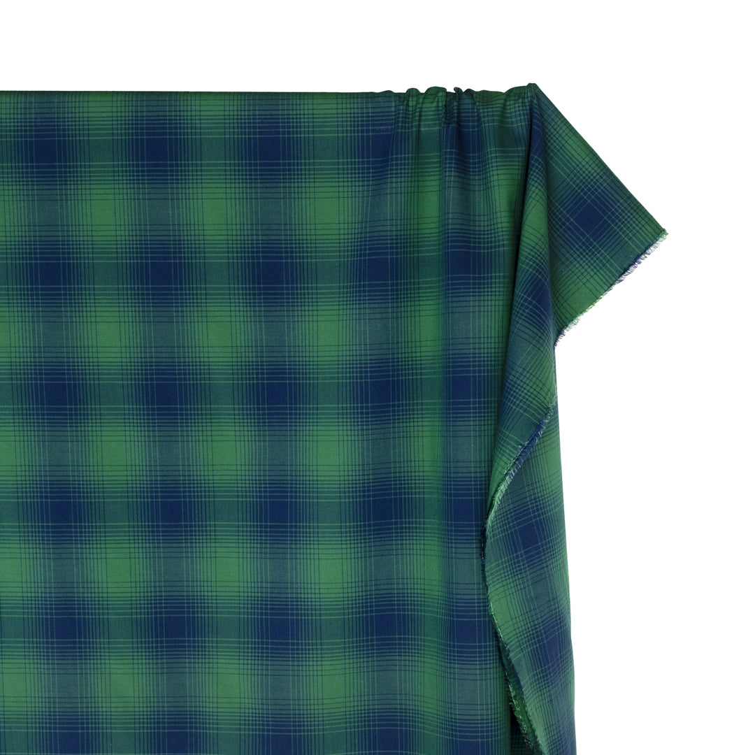 Deadstock Gradient Plaid Cotton Modal Shirting - Navy/Emerald | Blackbird Fabrics