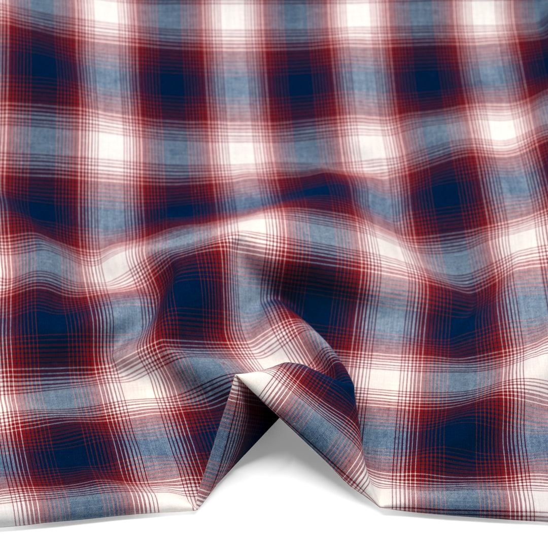 Deadstock Gradient Plaid Cotton Modal Shirting - Midnight Blue/Cranberry | Blackbird Fabrics