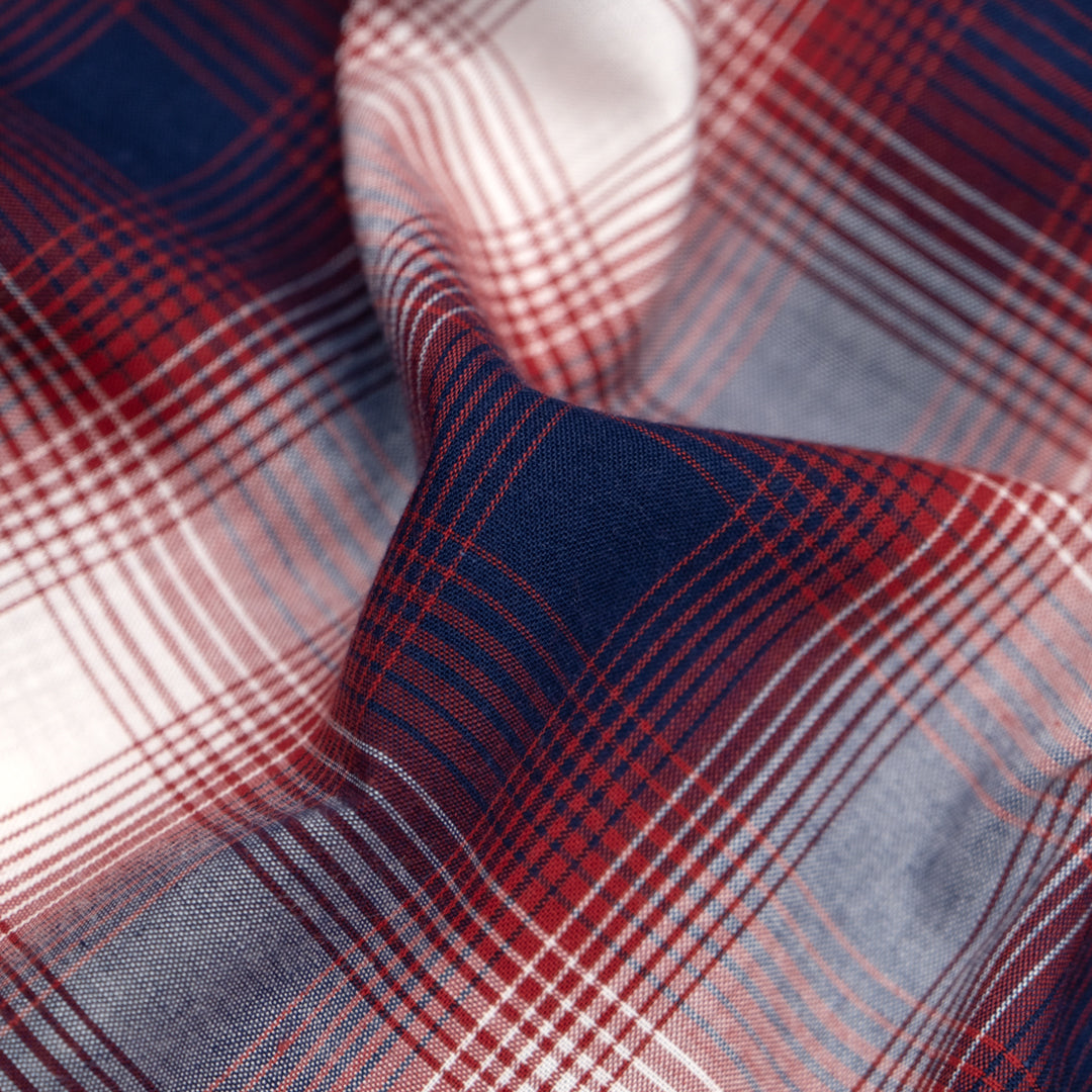Deadstock Gradient Plaid Cotton Modal Shirting - Midnight Blue/Cranberry | Blackbird Fabrics