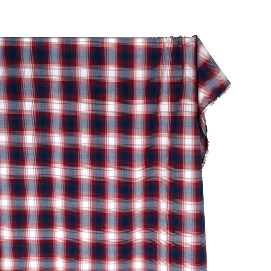 Deadstock Gradient Plaid Cotton Modal Shirting - Midnight Blue/Cranberry | Blackbird Fabrics