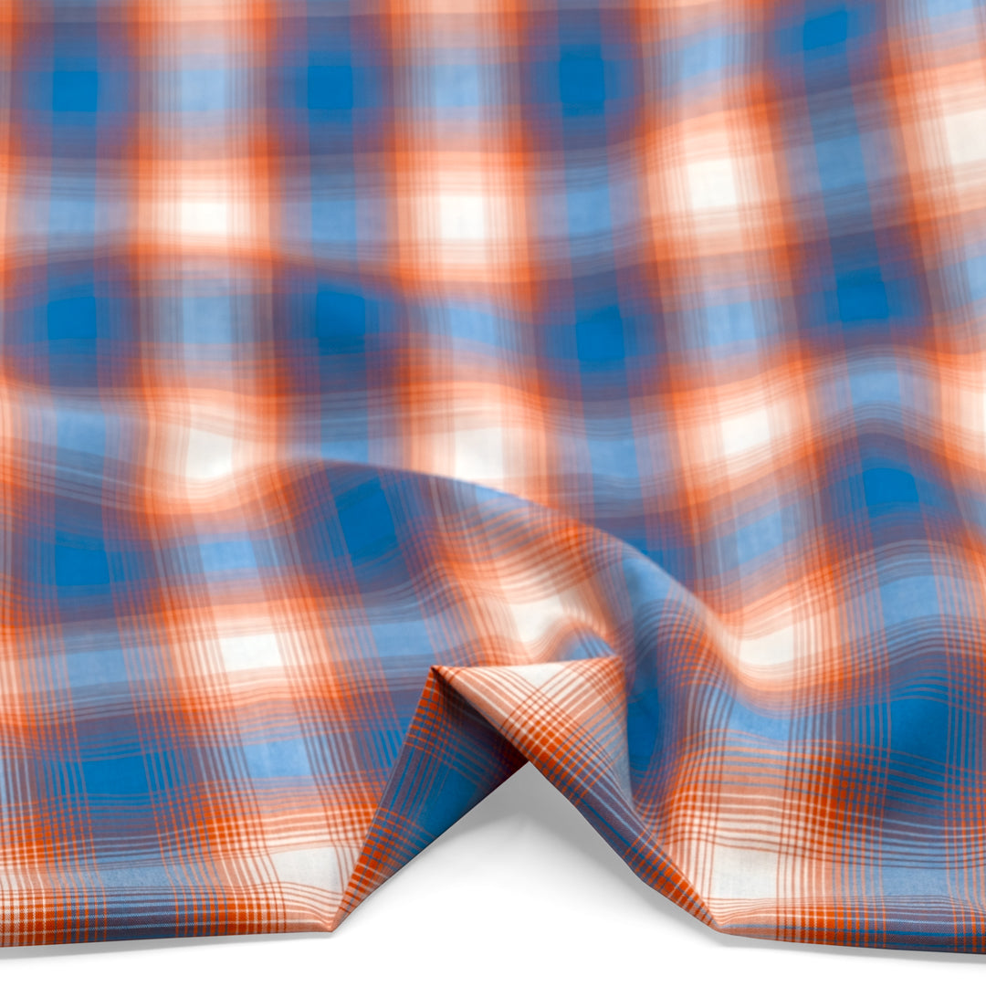 Deadstock Gradient Plaid Cotton Modal Shirting - Cerulean/Tangerine | Blackbird Fabrics