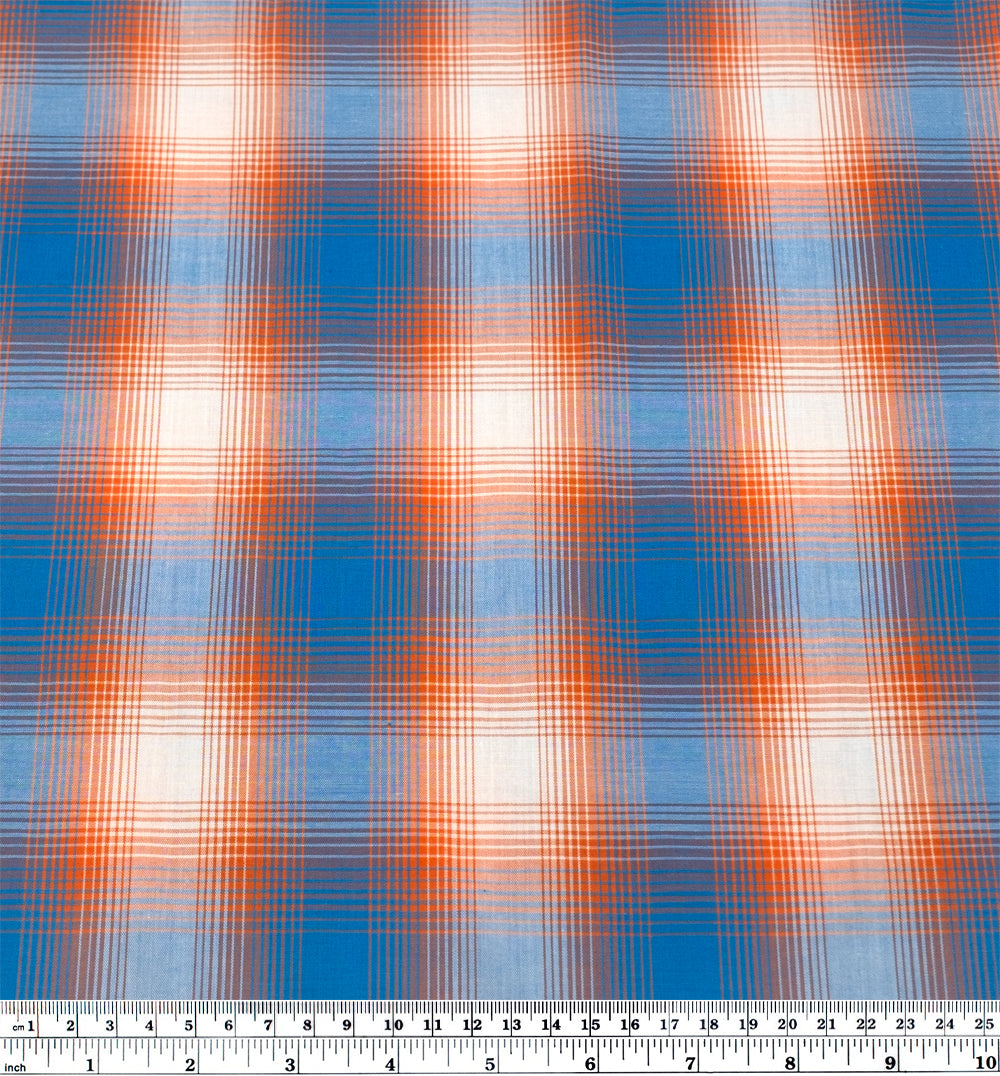 Deadstock Gradient Plaid Cotton Modal Shirting - Cerulean/Tangerine | Blackbird Fabrics