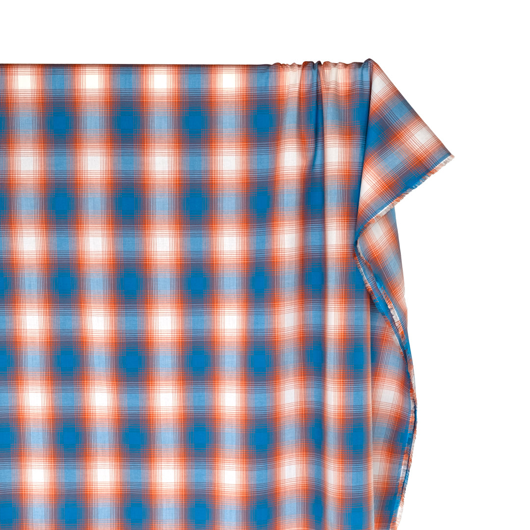 Deadstock Gradient Plaid Cotton Modal Shirting - Cerulean/Tangerine | Blackbird Fabrics