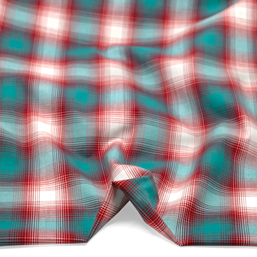 Deadstock Gradient Plaid Cotton Modal Shirting - Turquoise/Crimson | Blackbird Fabrics