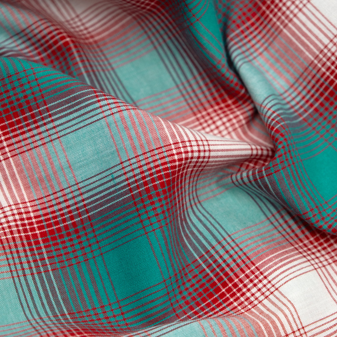 Deadstock Gradient Plaid Cotton Modal Shirting - Turquoise/Crimson | Blackbird Fabrics