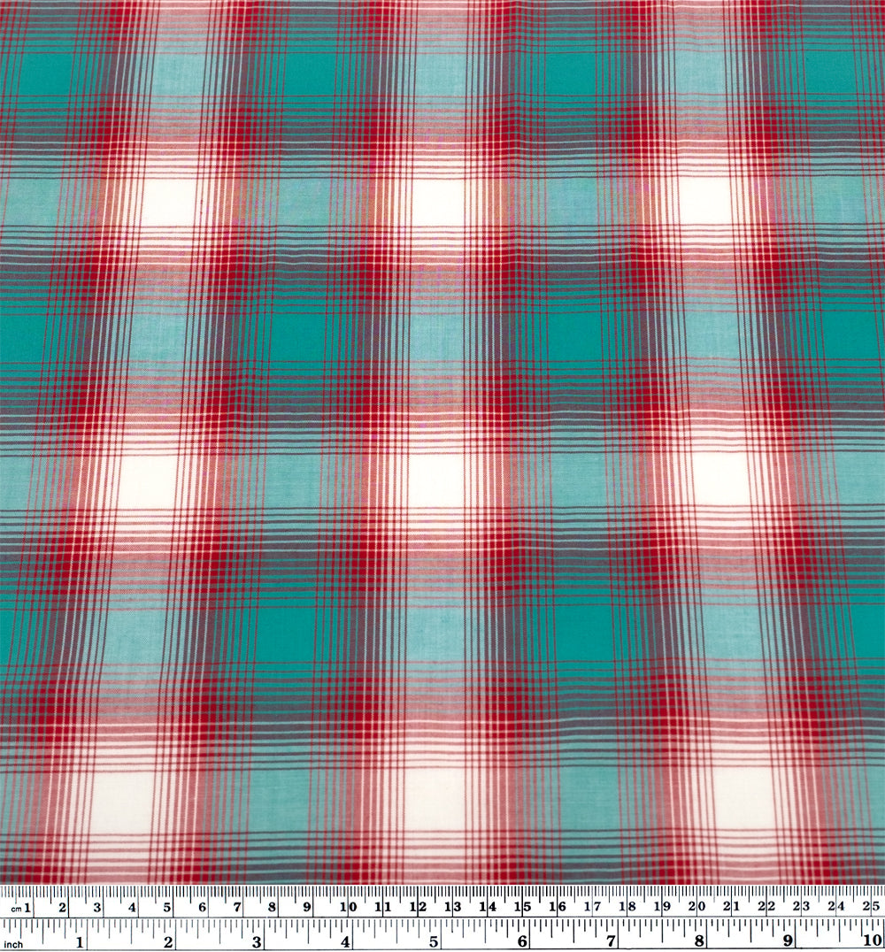 Deadstock Gradient Plaid Cotton Modal Shirting - Turquoise/Crimson | Blackbird Fabrics