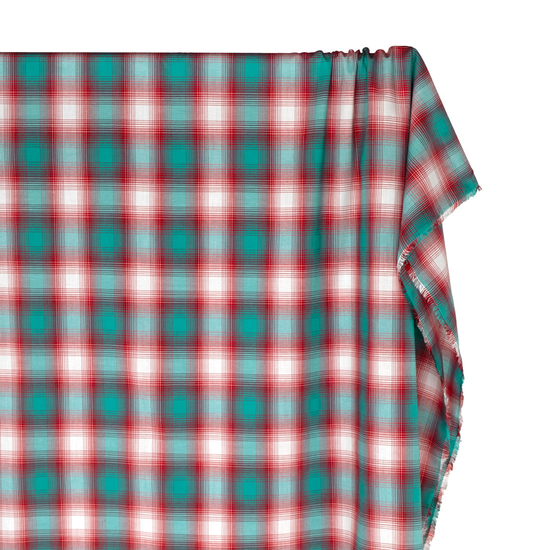 Deadstock Gradient Plaid Cotton Modal Shirting - Turquoise/Crimson | Blackbird Fabrics