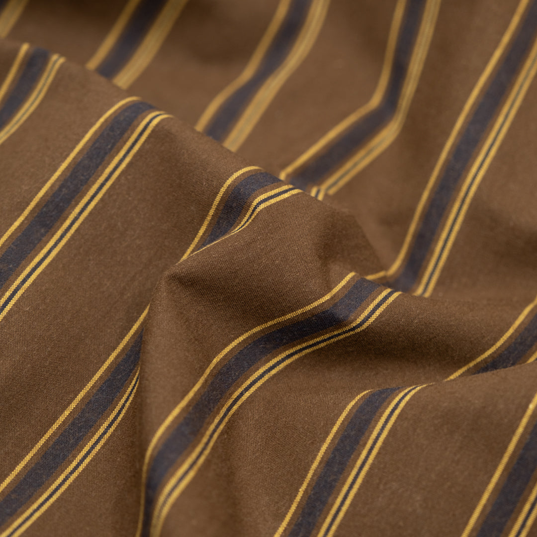 Deadstock Stripe Cotton Lyocell Shirting - Brownie/Navy/Ochre | Blackbird Fabrics