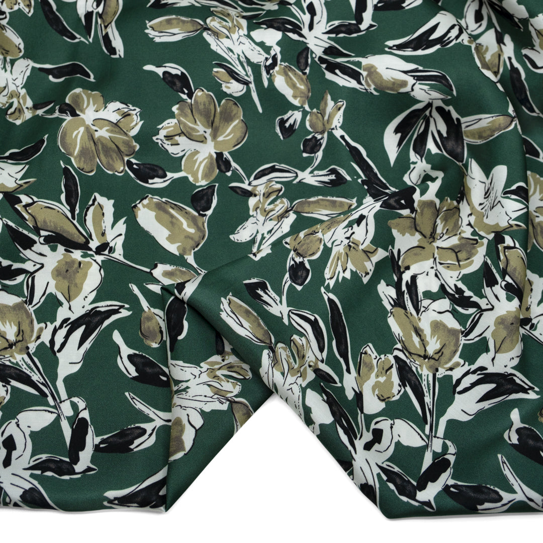 Botanic Silhouette Viscose Satin - Pine/White | Blackbird Fabrics