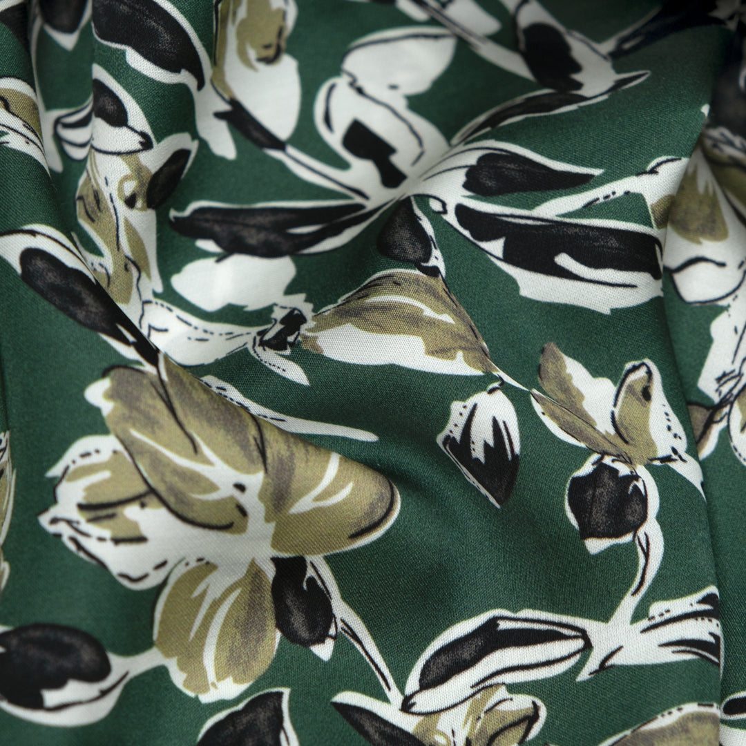 Botanic Silhouette Viscose Satin - Pine/White | Blackbird Fabrics