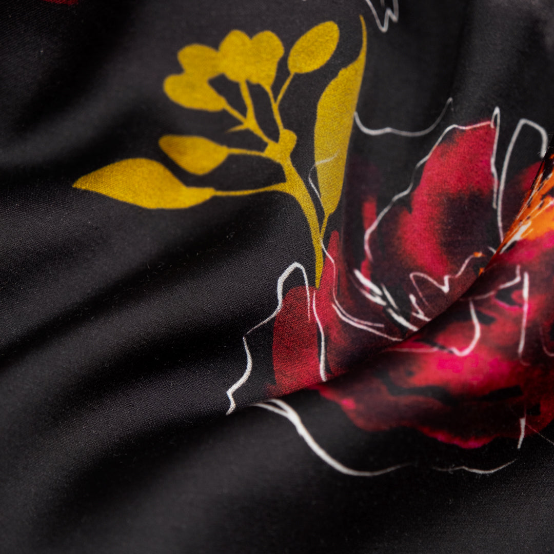 Botanic Symphony Viscose Satin - Raven/Crimson | Blackbird Fabrics
