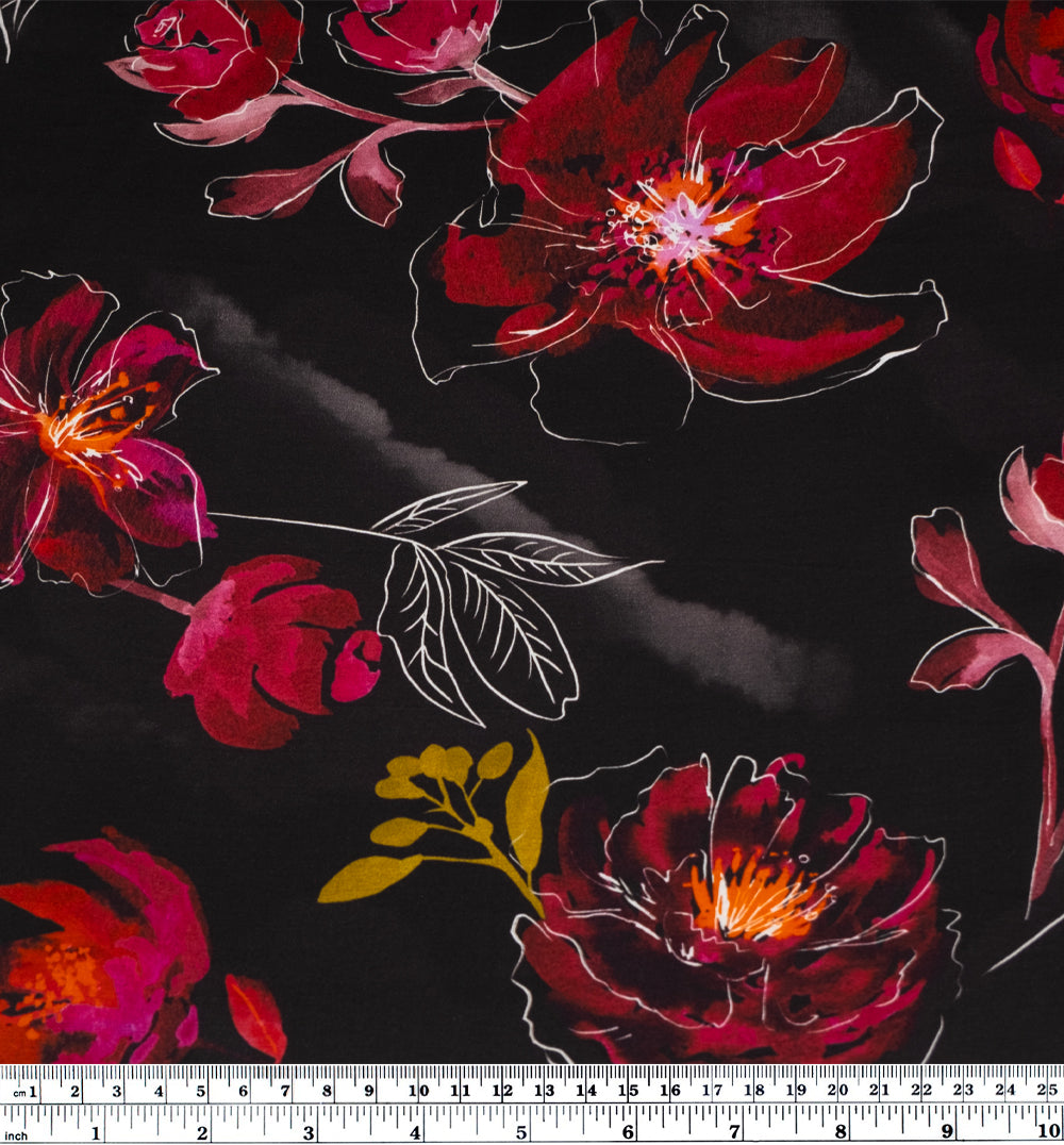 Botanic Symphony Viscose Satin - Raven/Crimson | Blackbird Fabrics