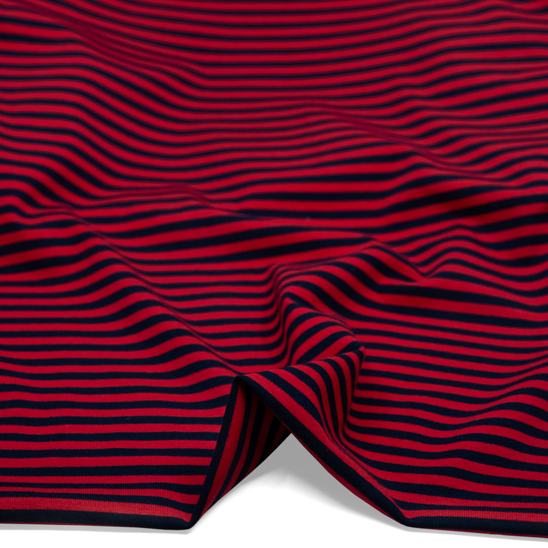 Skinny Sport Stripe Cotton Jersey - Cherry/Midnight Blue | Blackbird Fabrics