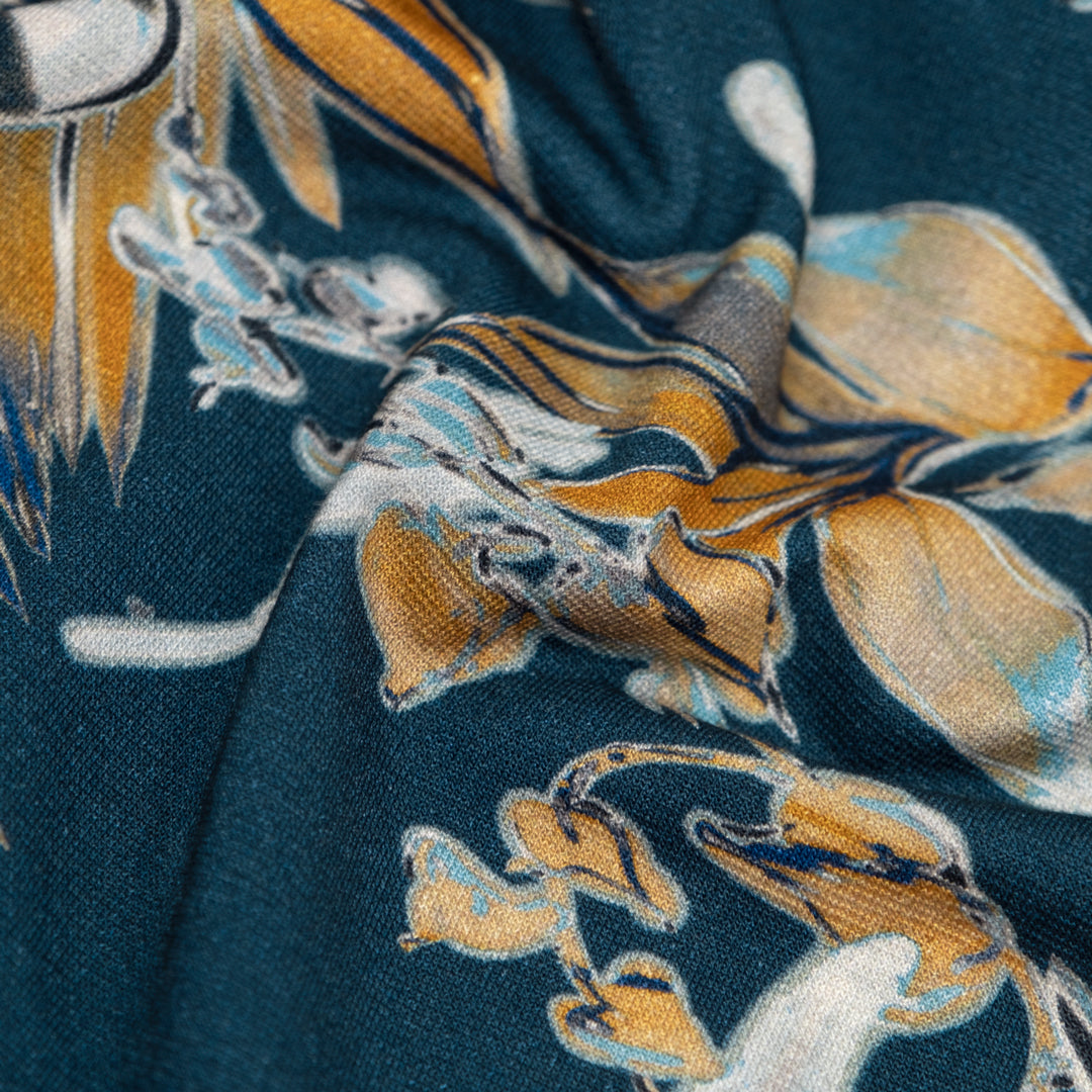 Tropic Heat LENZING™ ECOVERO™ Jersey - Deep Ocean/Turmeric | Blackbird Fabrics