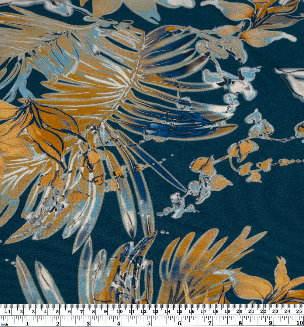 Tropic Heat LENZING™ ECOVERO™ Jersey - Deep Ocean/Turmeric | Blackbird Fabrics