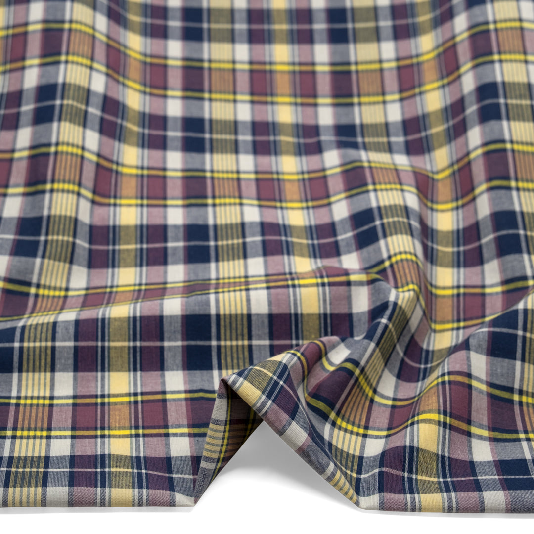 Retrograde Plaid Cotton Shirting - Navy/Lemon/Raisin | Blackbird Fabrics